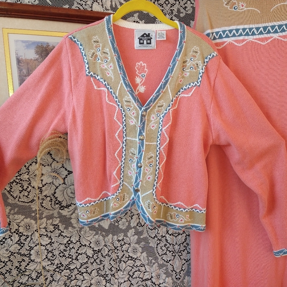 Storybook Knits orange beige coordinating knit dress cardigan beads embroidery - Picture 2 of 11